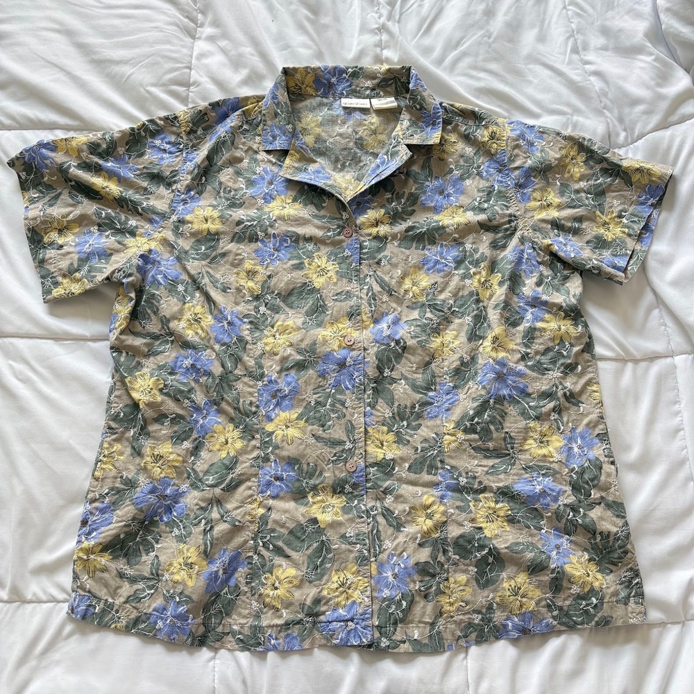 Vintage Button Up Shirt Womens 18W/20W‎ 100% Cotton Floral Blue Yellow Feminine